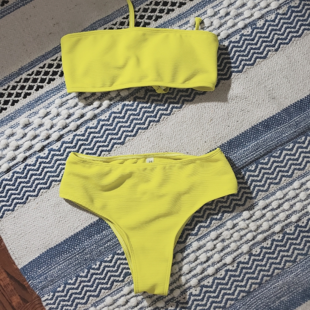 New Bright Yellow Bandeau + High Rise Bottoms Lounge Set